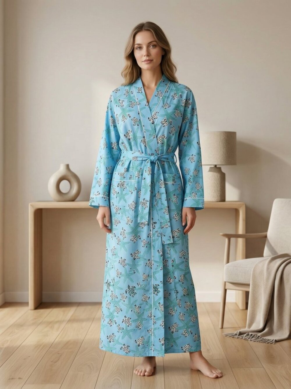 Cotton Kimono Robe Dressing Gown, Block Print Bridesmaid Robe, Summer Nightwear